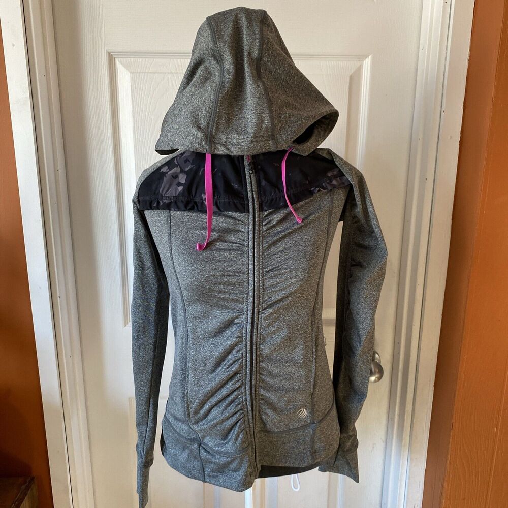 MPG Hoodie Women’s Size Small Full Zip Pockets Gray Camo Accent Thumbholes